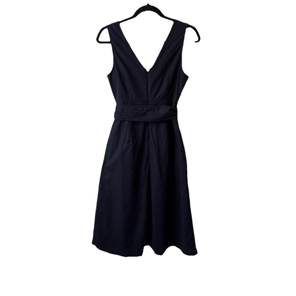 Gap Linen Dark Night Navy Blue Button Front Tie Midi Dress S Scandi Quiet Luxury - Picture 2 of 9